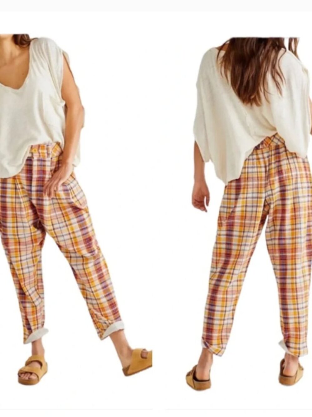 Free People Make A Stand Plaid High Waisted Button Fly Trouser Pant Sz M